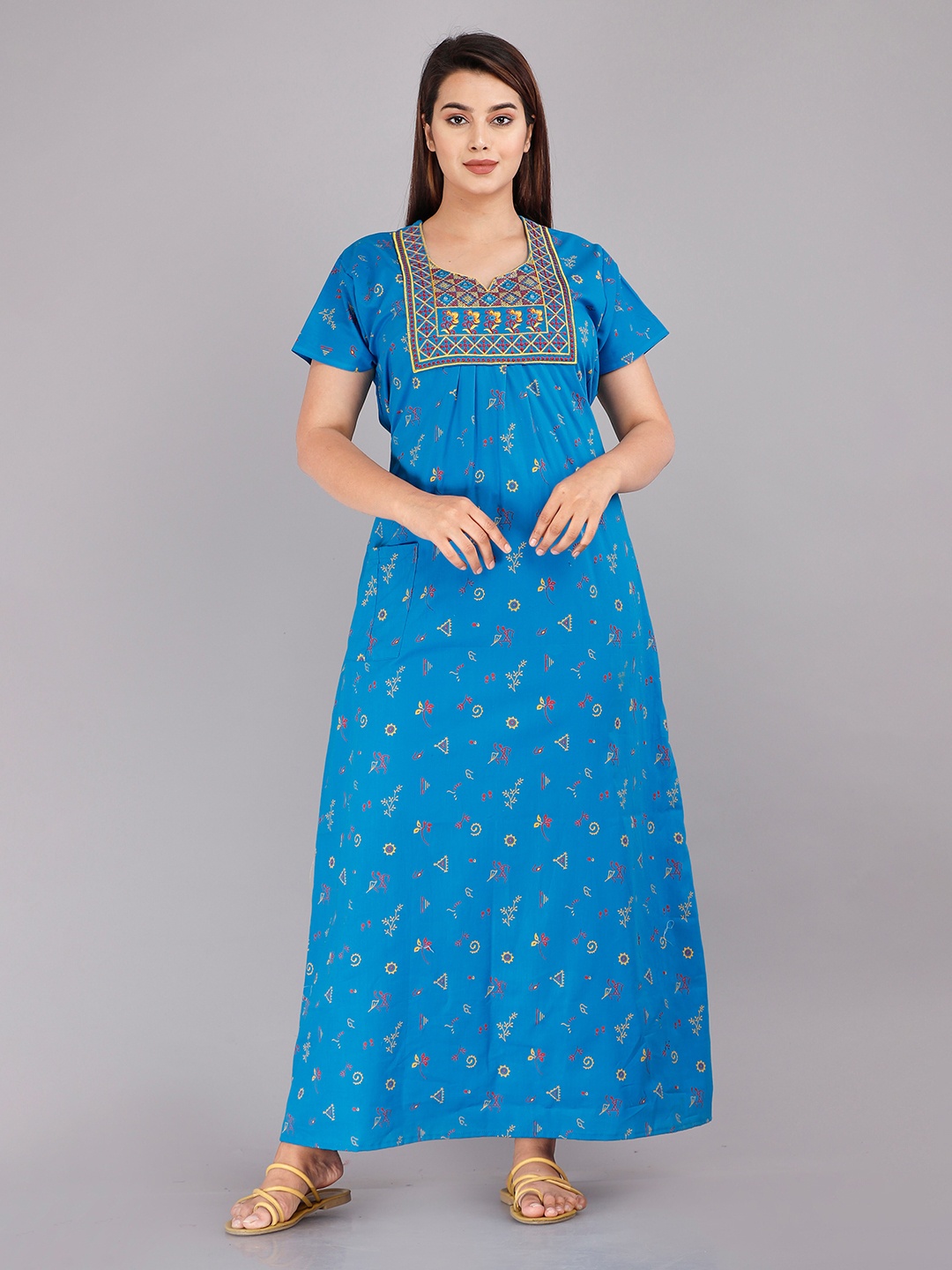 

MAYA PRINT Ethnic Motifs Printed And Embroidered Pure Cotton Maxi Nightdress, Blue