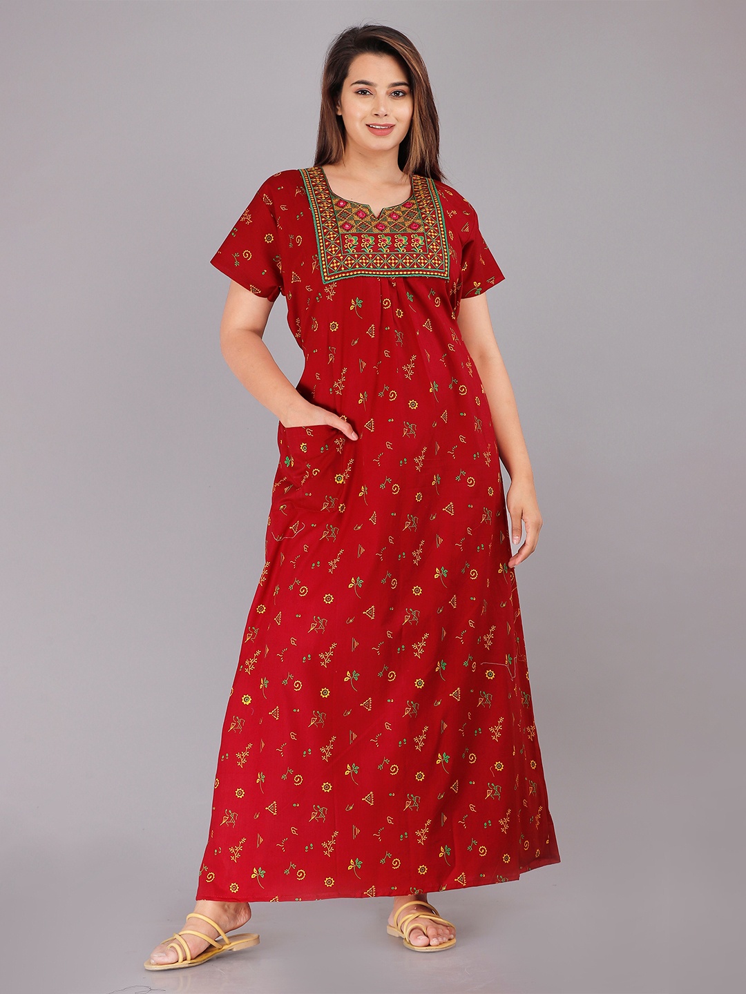 

MAYA PRINT Ethnic Motifs Printed And Embroidered Pure Cotton Maxi Nightdress, Red