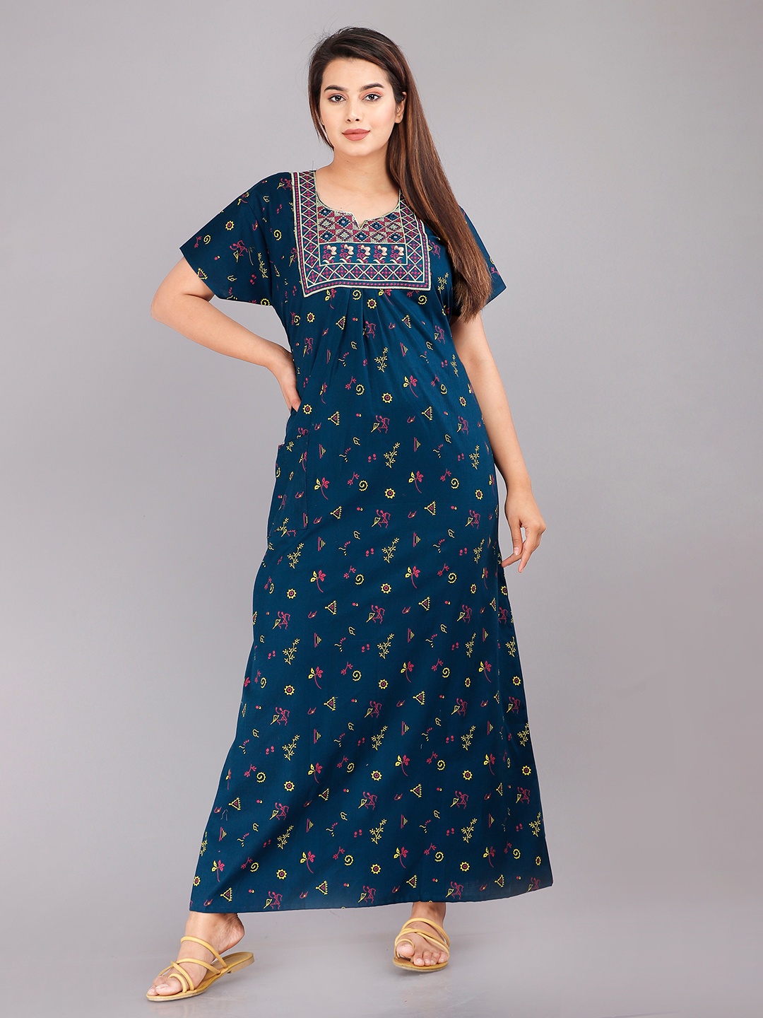 

MAYA PRINT Graphic Printed Embroidered Pure Cotton Maxi Nightdress, Navy blue
