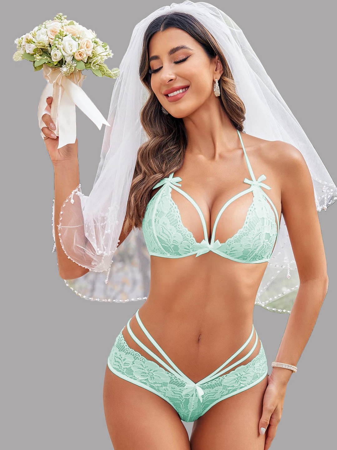 

KRENOZ Self Design Shoulder Strap Lingerie Set, Sea green