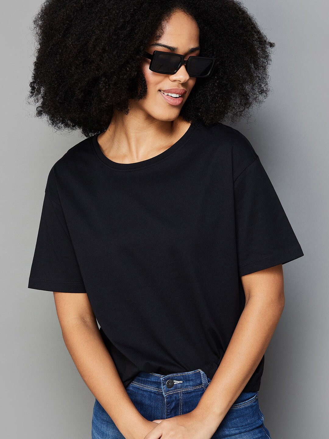 

Fame Forever by Lifestyle Solid Drop Shoulder Sleeves Tshirt, Black