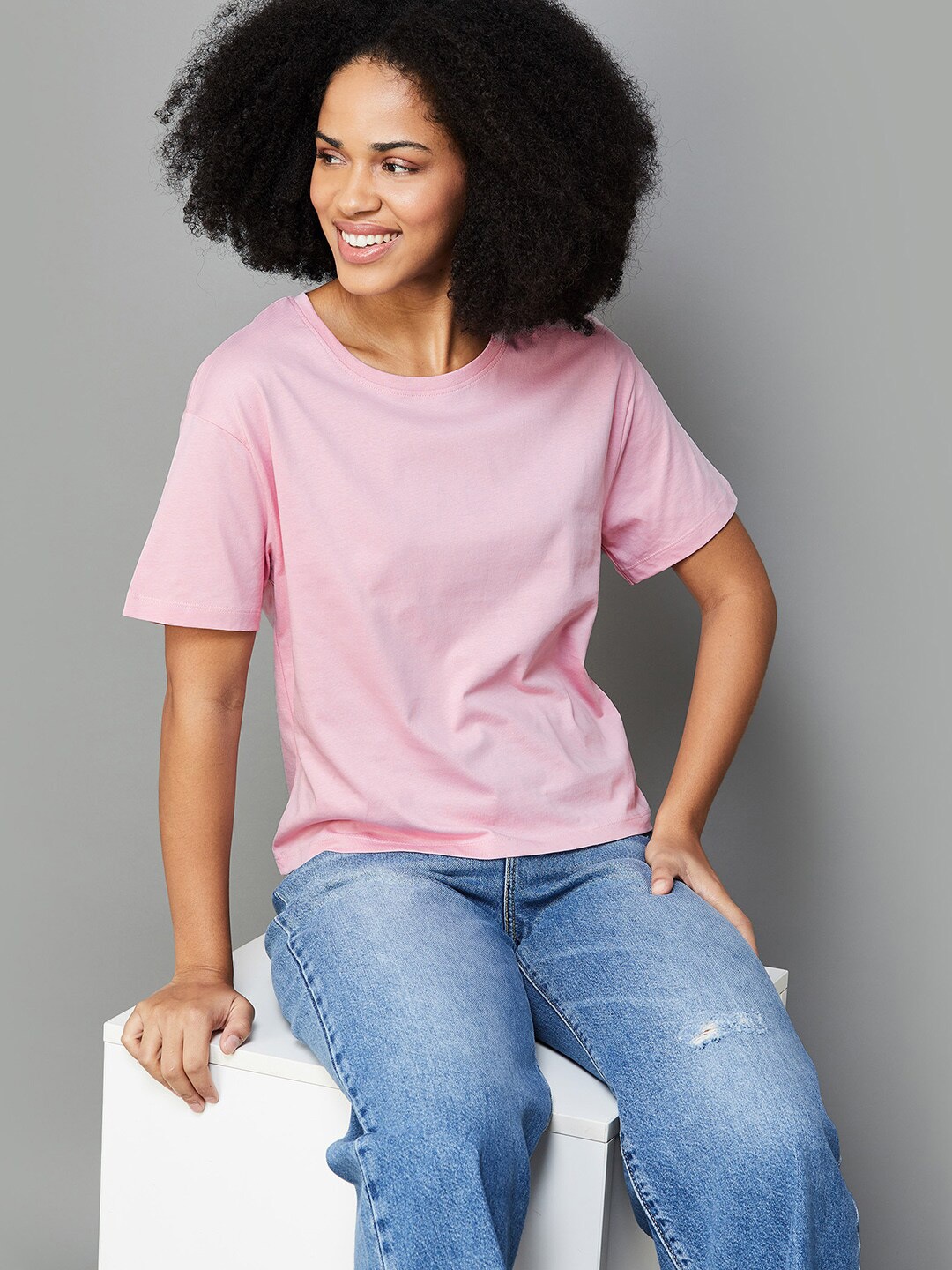 

Fame Forever by Lifestyle Solid Drop Shoulder Sleeves Tshirt, Pink