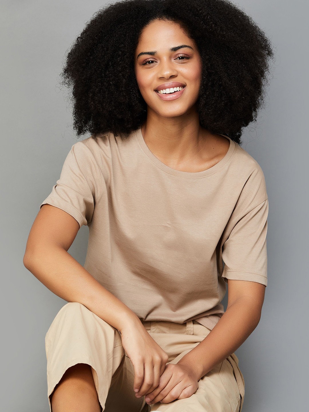 

Fame Forever by Solid Drop Shoulder Sleeves Tshirt, Brown