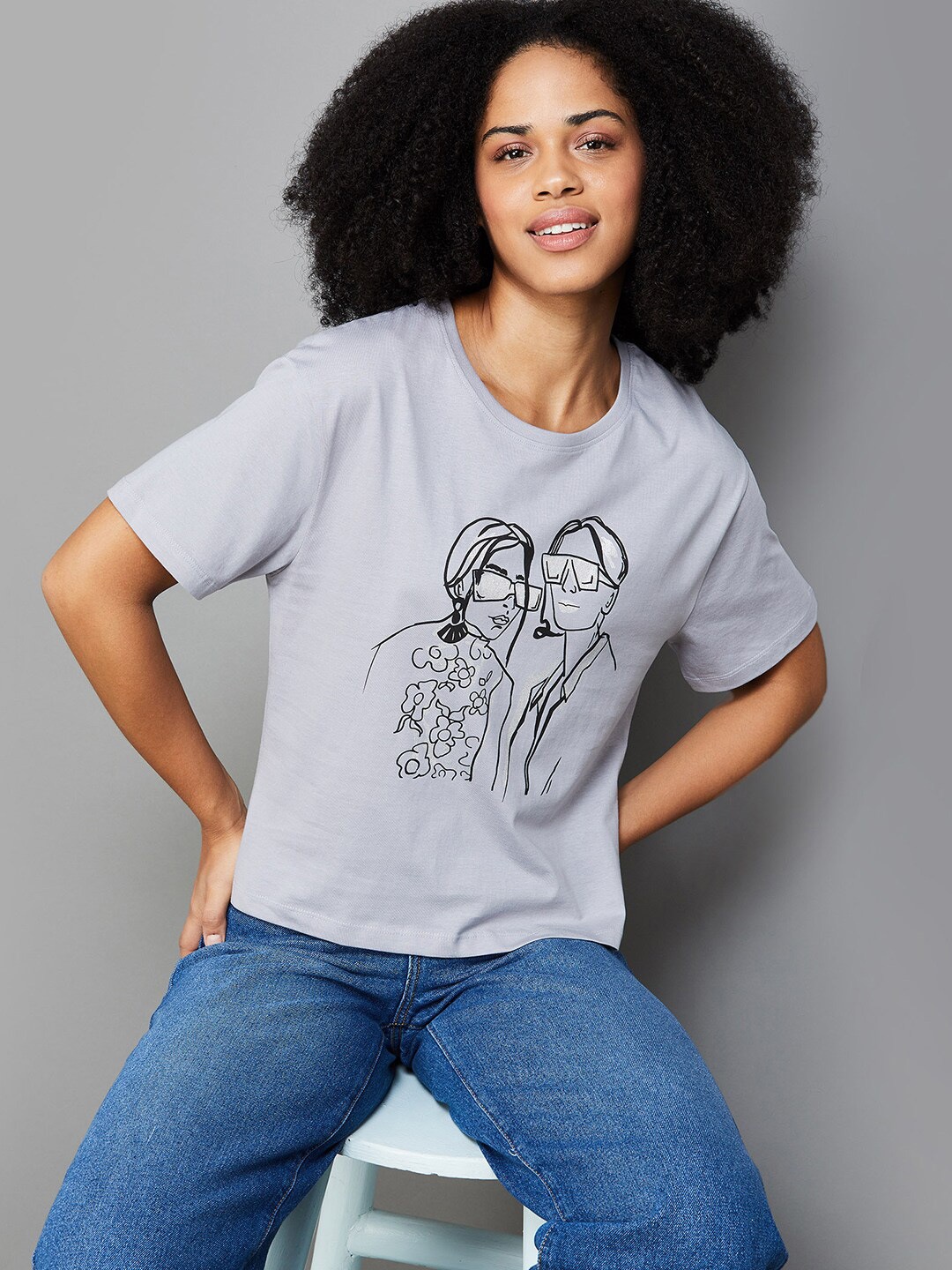 

Fame Forever by Lifestyle Graphic Printed Drop Shoulder Sleeves Cotton Tshirt, Grey
