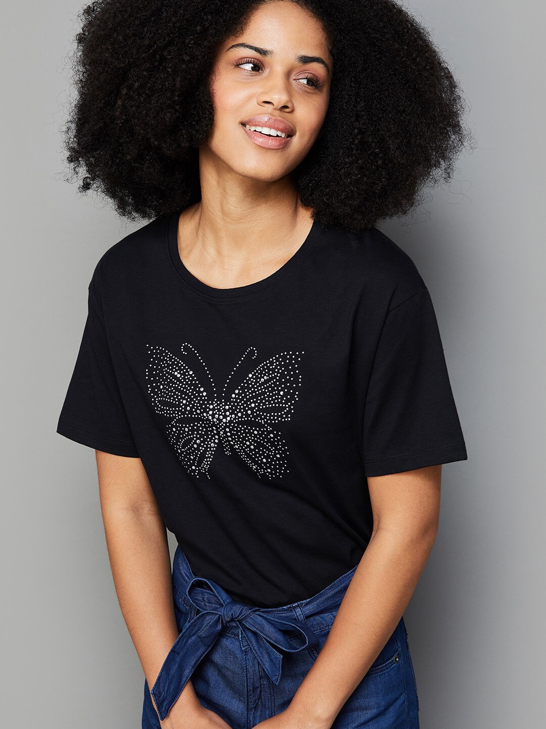 

Fame Forever by Lifestyle Embellished Drop Shoulder Sleeves Pure Cotton Tshirt, Black
