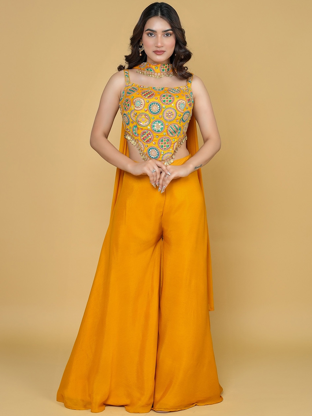 

ALIYANA Ethnic motifs Embroidered Top , Palazzo & Dupatta, Mustard