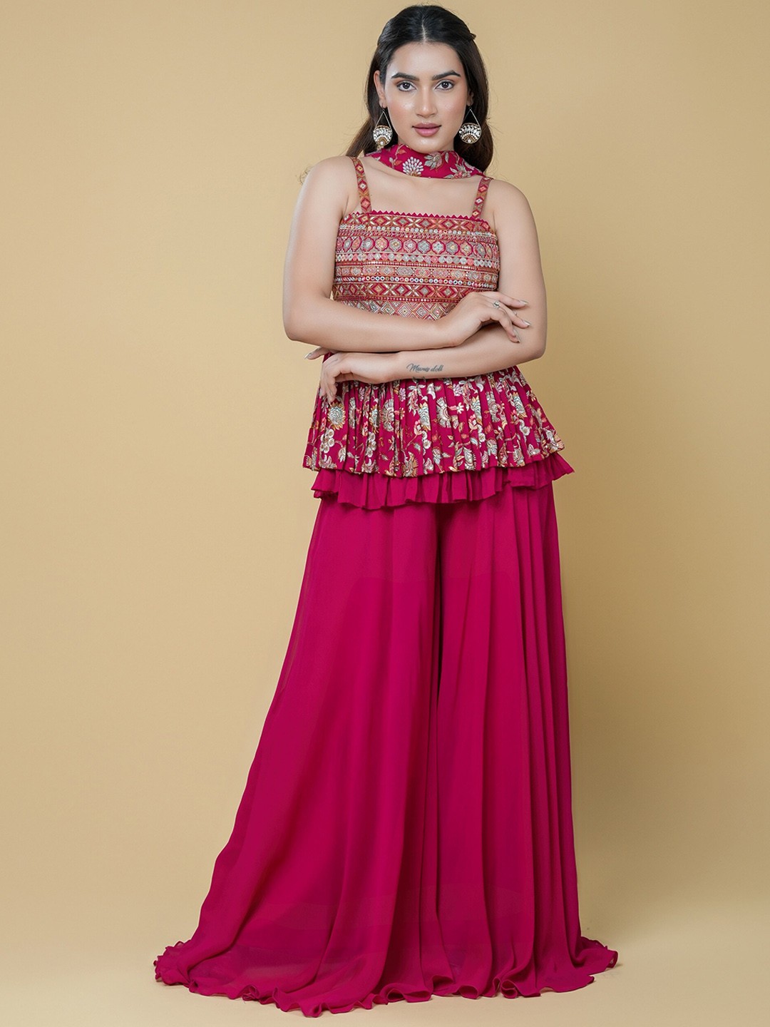 

ALIYANA Mirror Work Embroidered Top, Palazzo & Dupatta, Magenta