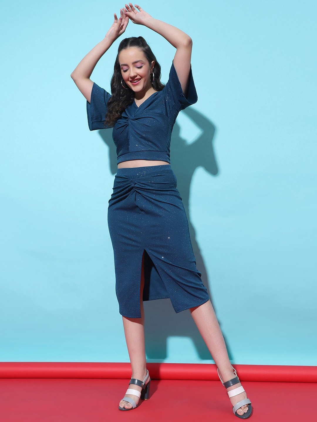 

WESTHOOD V-Neck Top With Flared Skirt Co-Ords, Blue