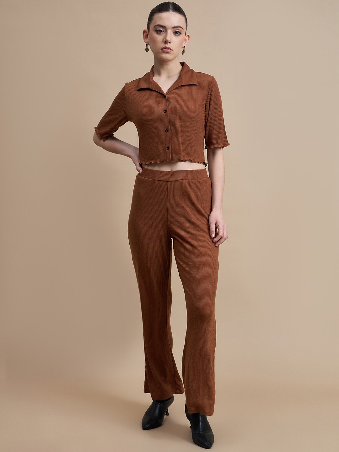 

Roadster BROWN Self Design Shirt Collar Pure Cotton Top With Trousers