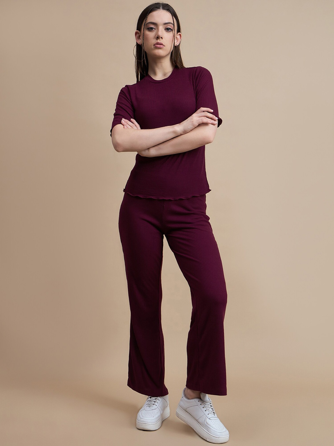 

Roadster BURGUNDY Self Design Round Neck Pure Cotton Top With Trousers