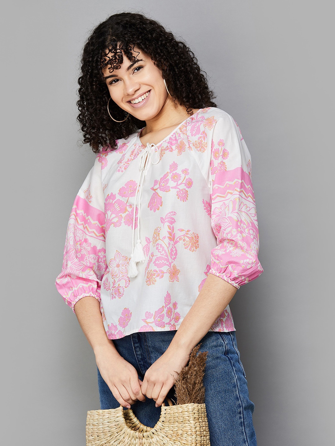 

Colour Me by Melange Floral Print Tie-Up Neck Cotton Top, Pink