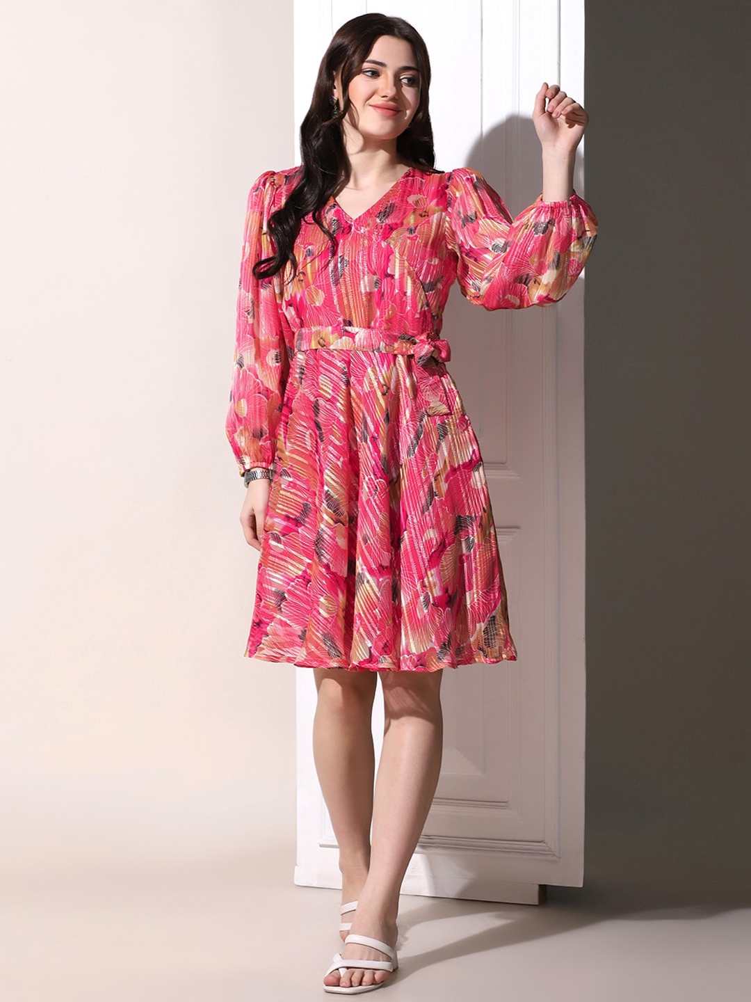 

FASHION DREAM Floral Print V-Neck Puff Sleeve Georgette Fit & Flare Dress, Pink