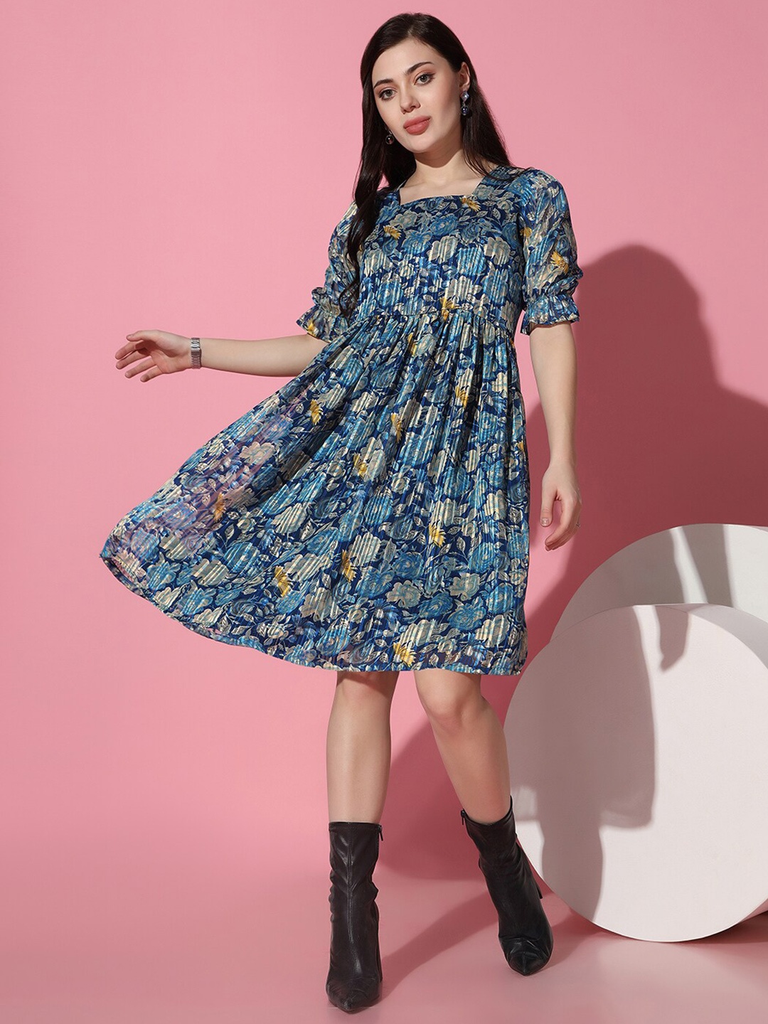 

FASHION DREAM Floral Print Square Neck Puff Sleeves Georgette Fit & Flare Dress, Blue