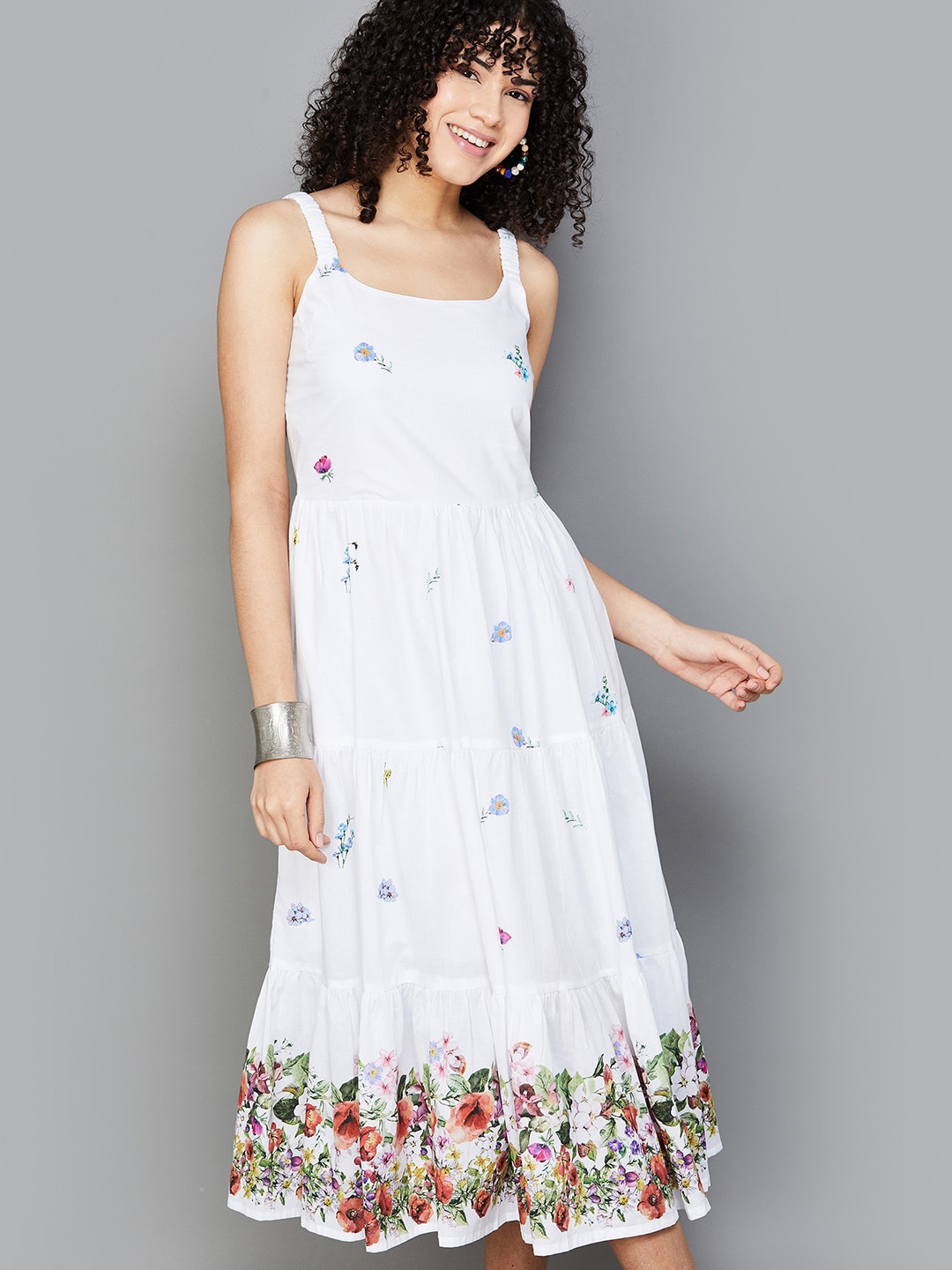 

Colour Me by Melange Floral Printed Shoulder Straps Flared Cotton Fit & Flare Dress, Off white