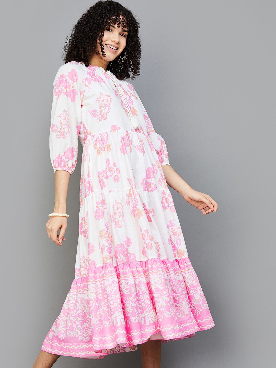 

Colour Me by Melange Floral Printed Flared Puff Sleeve Cotton A-Line Midi Dress, Off white