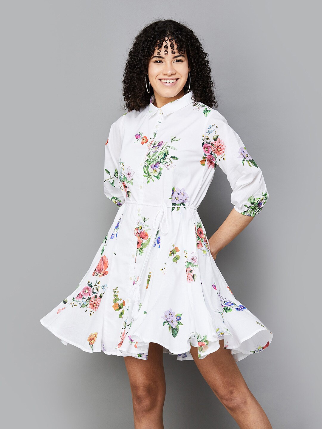 

Colour Me by Melange Floral Printed Shirt Collar Puff Sleeve Cotton Fit & Flare Dress, Off white