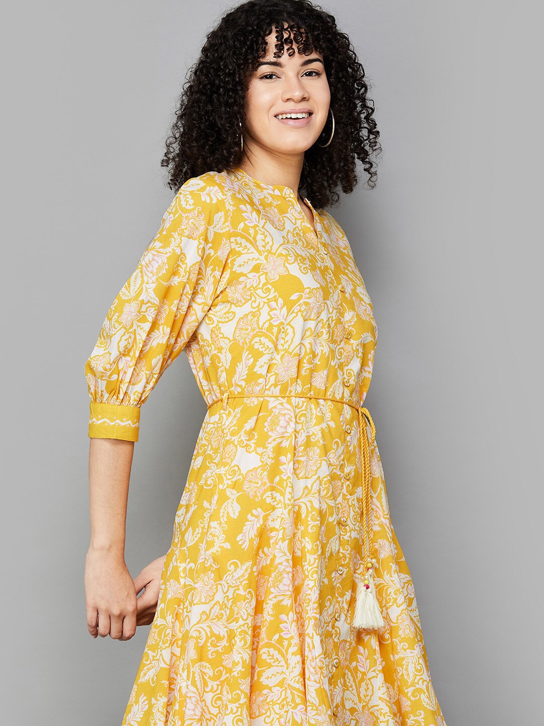 

Colour Me by Melange Floral Printed Flared Puff Sleeve Cotton Maxi Midi Dress, Mustard