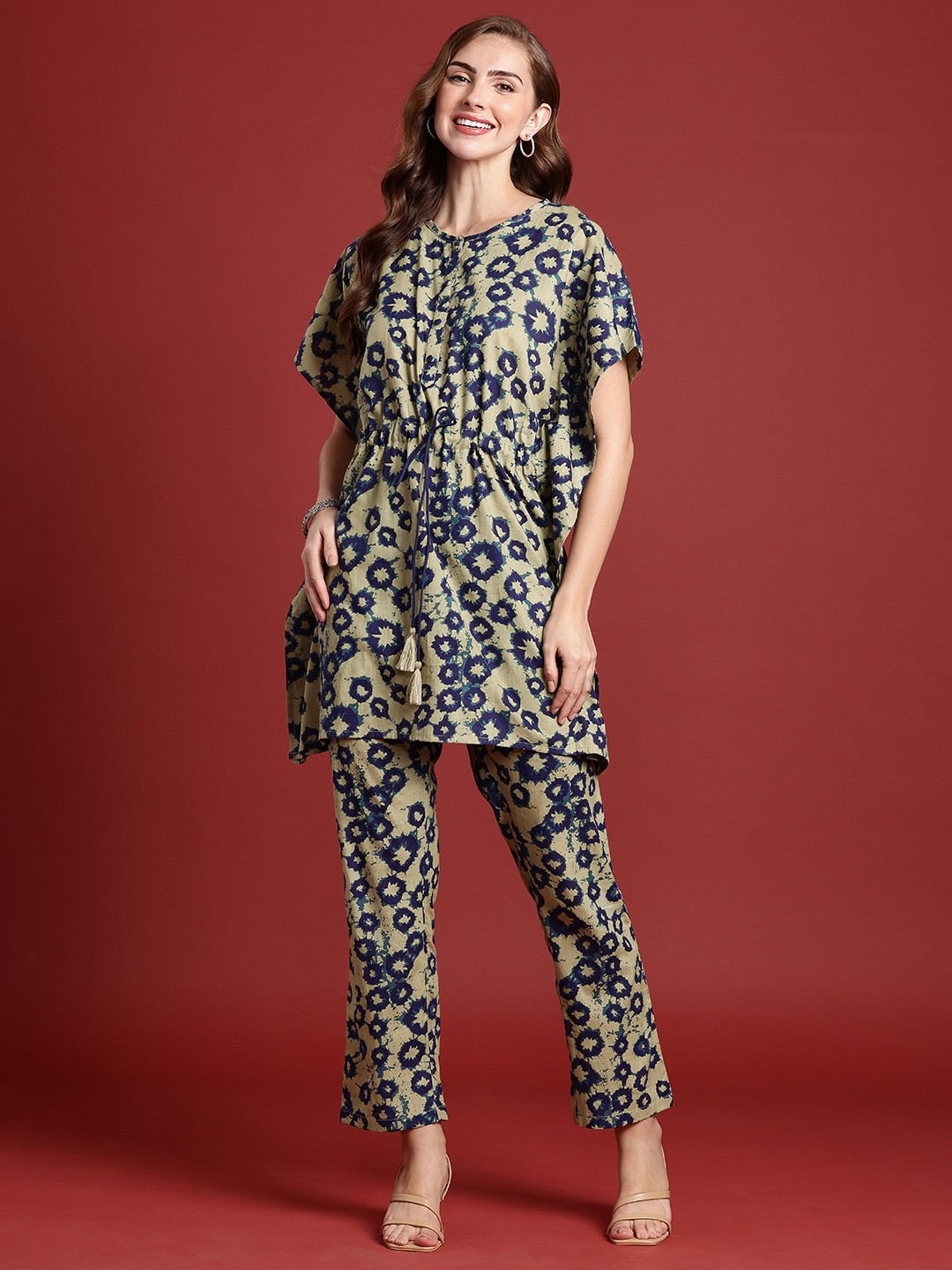 

Anouk Women Abstract Printed Kaftan Kurta with Trousers, Beige