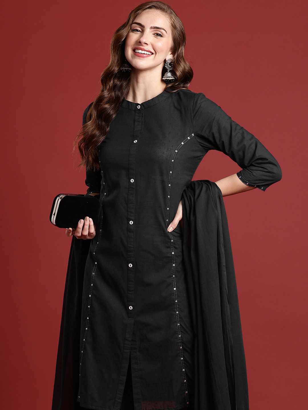 

Anouk Women Woven Design Sequinned Pure Cotton Kurta with Trousers & With Dupatta, Black