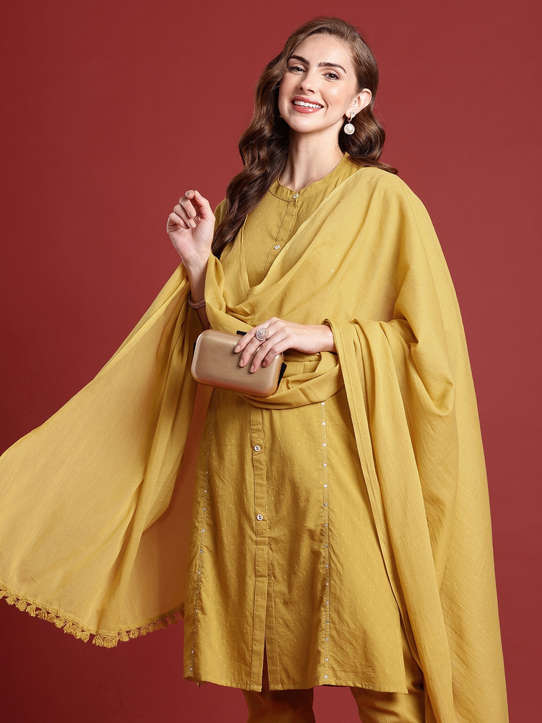 

Anouk Women Woven Design Sequinned Pure Cotton Kurta with Trousers & With Dupatta, Mustard