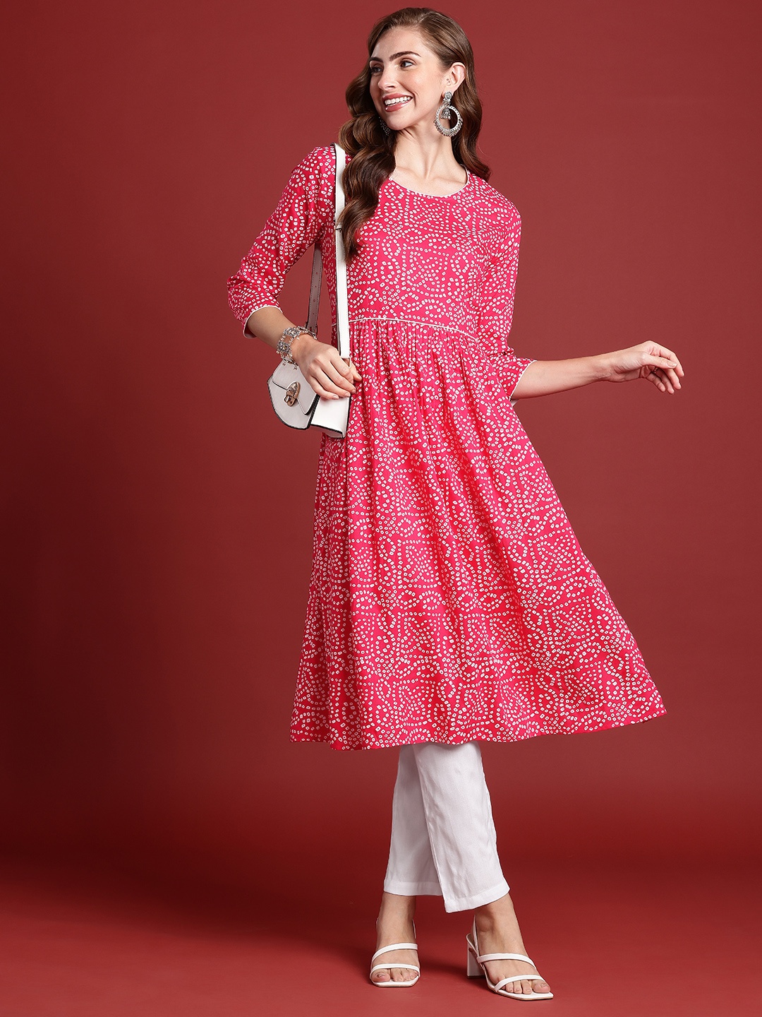 

Anouk Women Bandhani Printed A-Line Kurta with Trousers, Pink