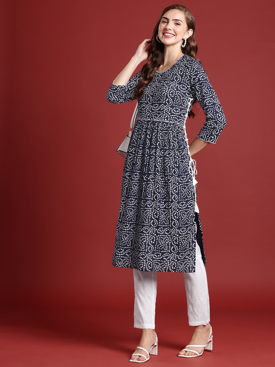 

Anouk Women Bandhani Printed A-Line Kurta with Trousers, Navy blue