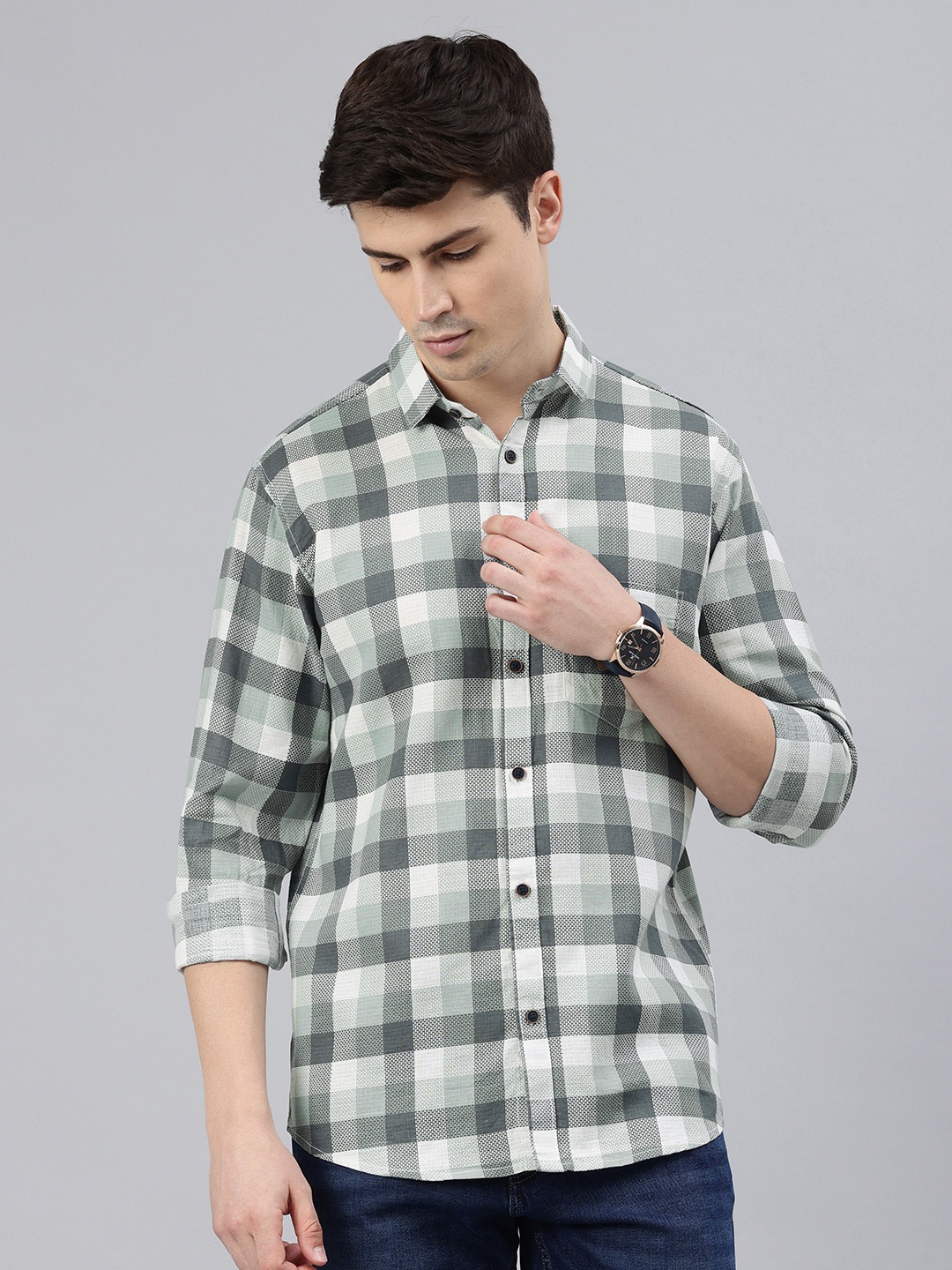 

Majestic Man Men Comfort Slim Fit Checked Casual Shirt, Green