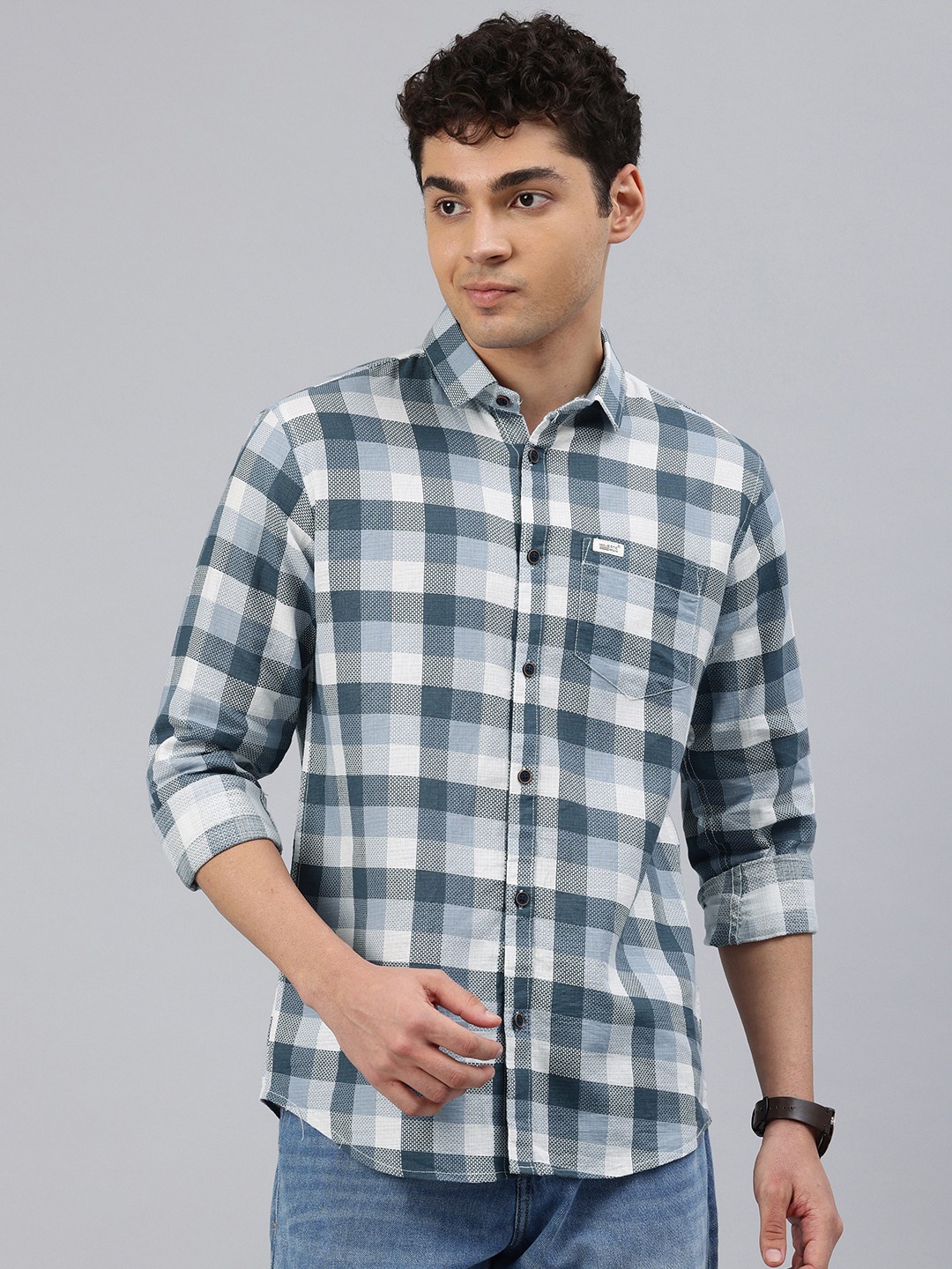 

Majestic Man Men Comfort Slim Fit Checked Casual Shirt, Grey