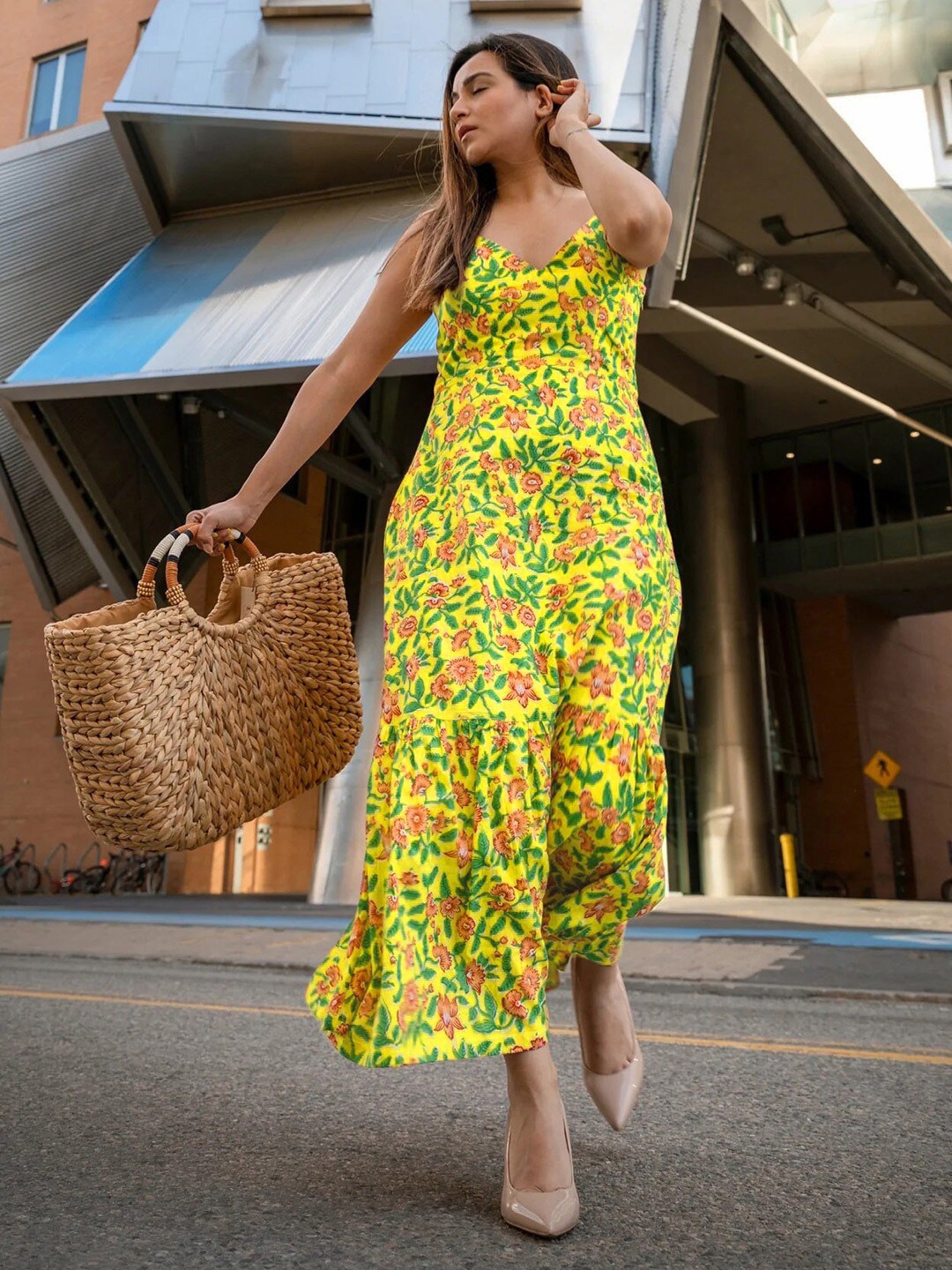 

SHOOLIN Floral Print Shoulder Straps Gathered & Tiered Detail Cotton Maxi Dress, Yellow