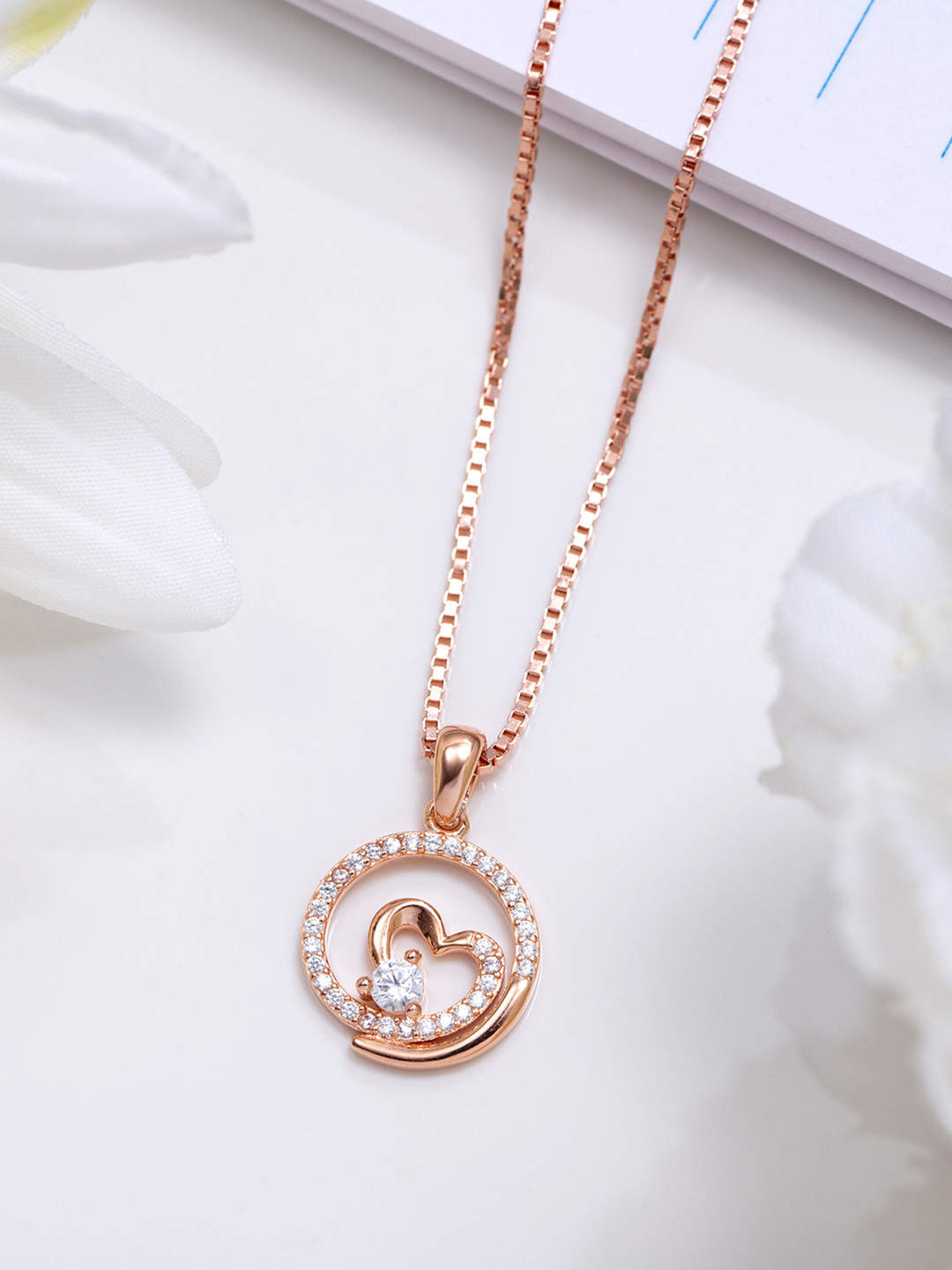 

Zavya 925 Pure Sterling Silver Rose Gold-Plated Cubic Zirconia Studded Pendant with Chain
