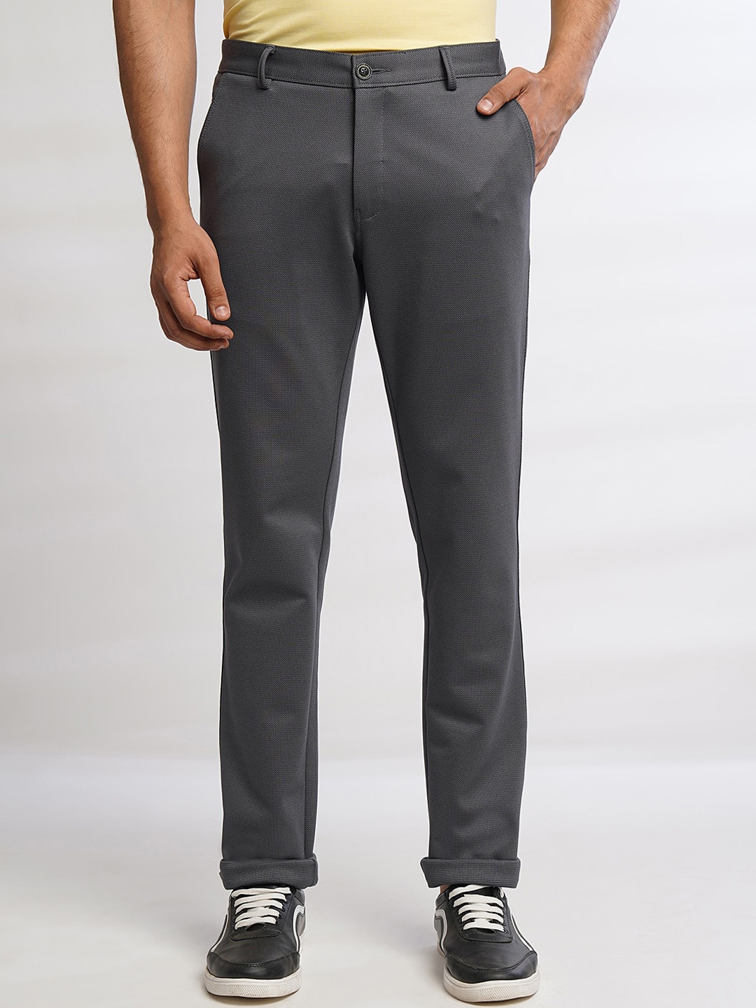 

JADE BLUE Men Textured Mid-Rise Cotton Trousers, Grey