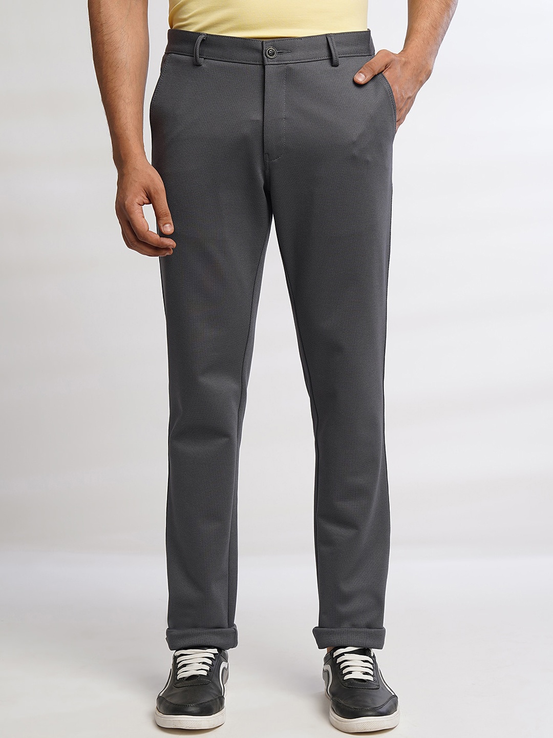 

JADE BLUE Men Textured Mid-Rise Cotton Trousers, Grey