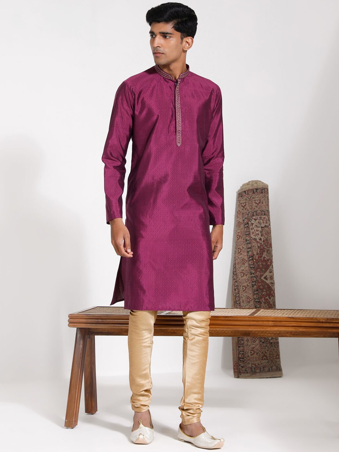 

VASTRAMAY Embroidered Mandarin Collar Thread Work Silk Blend Straight Kurta with Pyjamas, Purple