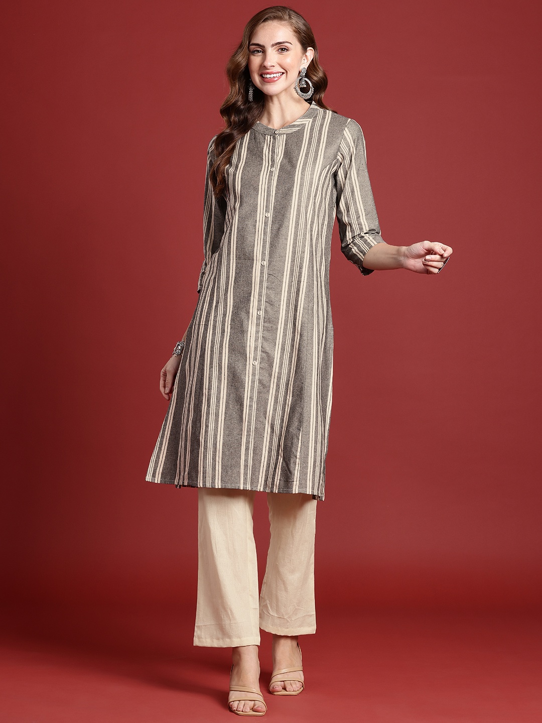 

Anouk Women Striped Regular Pure Cotton Kurta with Trousers, Grey