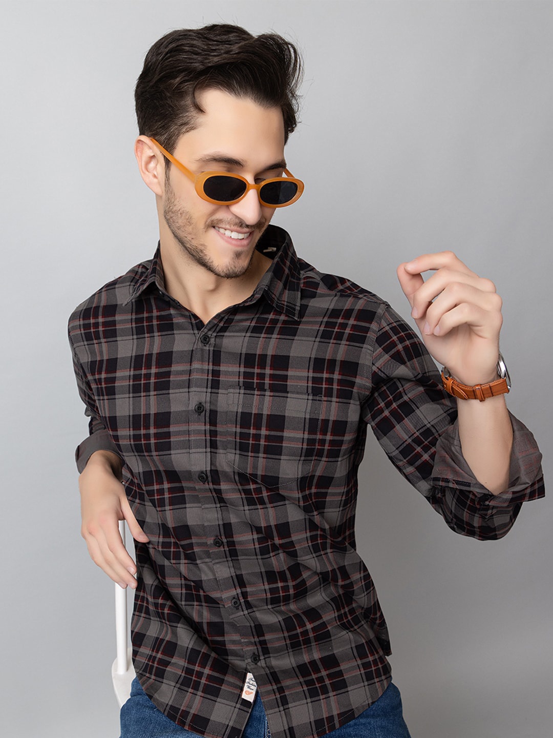 

Club York Tartan Checked Cotton Casual Shirt, Grey