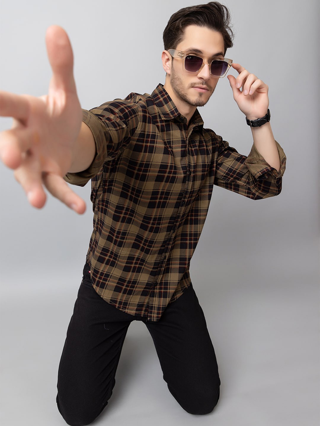 

Club York Tartan Checked Cotton Casual Shirt, Khaki