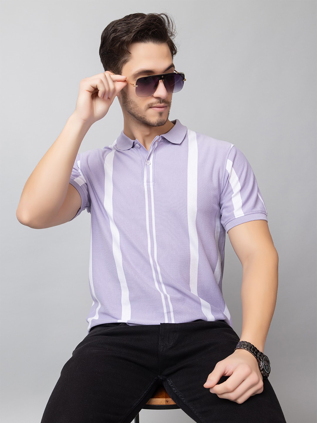 

Club York Men Striped Polo Collar Tshirt, Purple