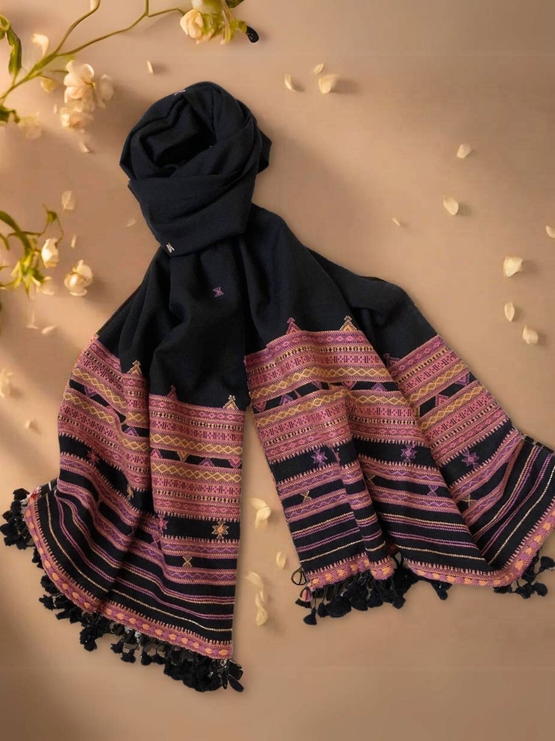 

Peepul Tree Wool & Silk Woven Design Dupatta, Black