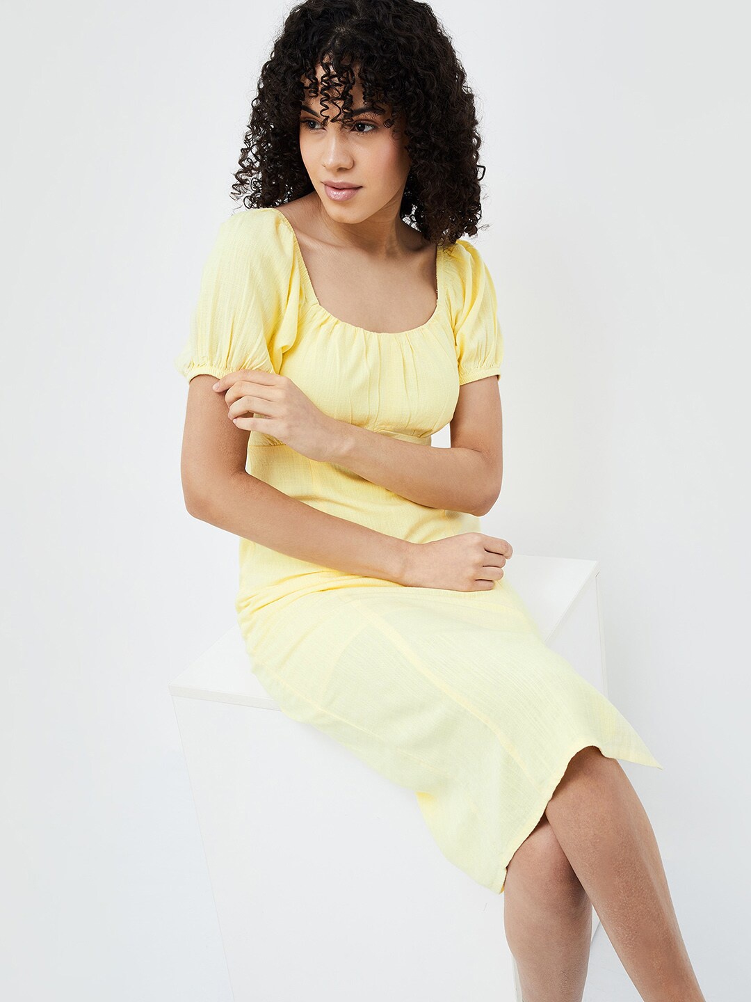 

Ginger by Lifestyle Round Neck Puff Sleeves Knee Length Sheath Dress, Yellow