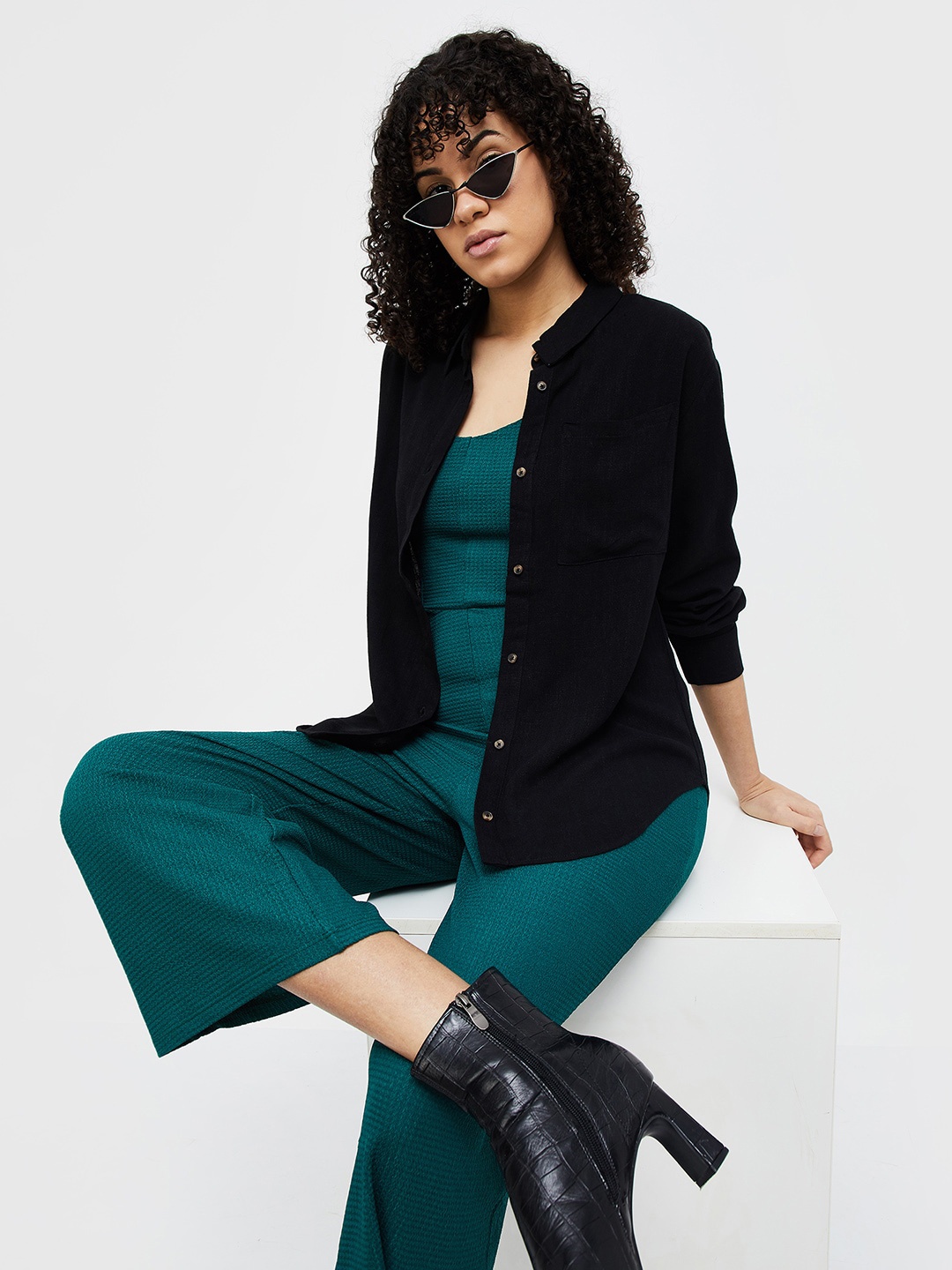 

Ginger by Lifestyle Shirt Style Cuffed Sleeves Top, Black