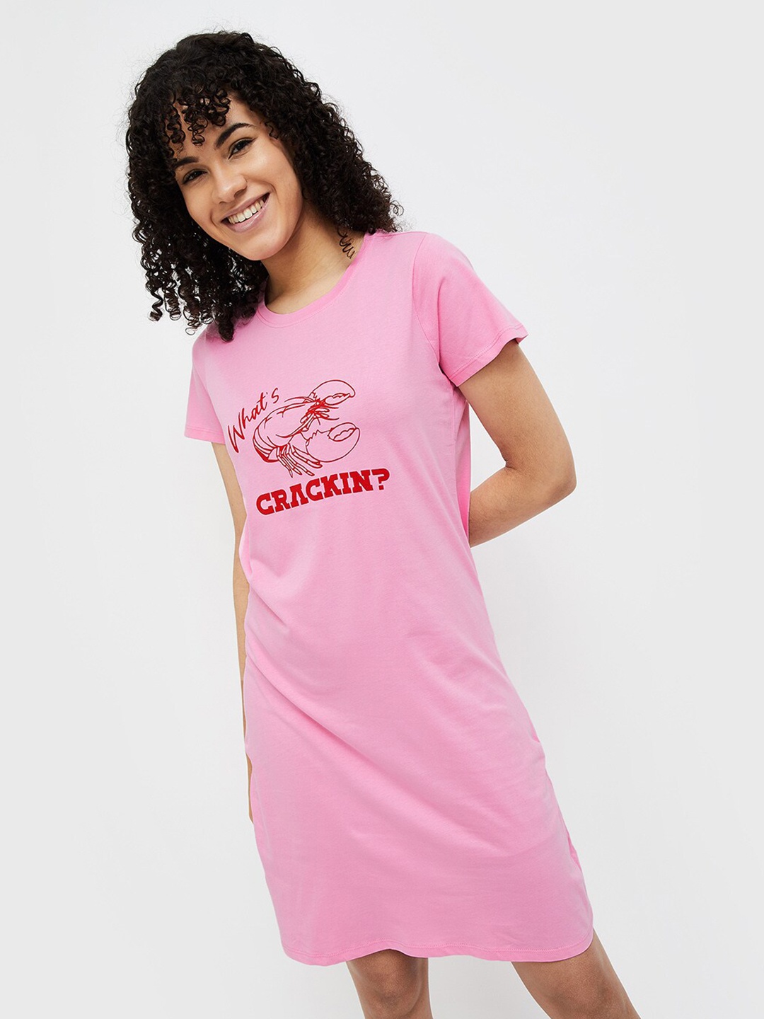 

Ginger by Lifestyle Alphanumeric Printed Above Knee Cotton T-shirt Dress, Pink