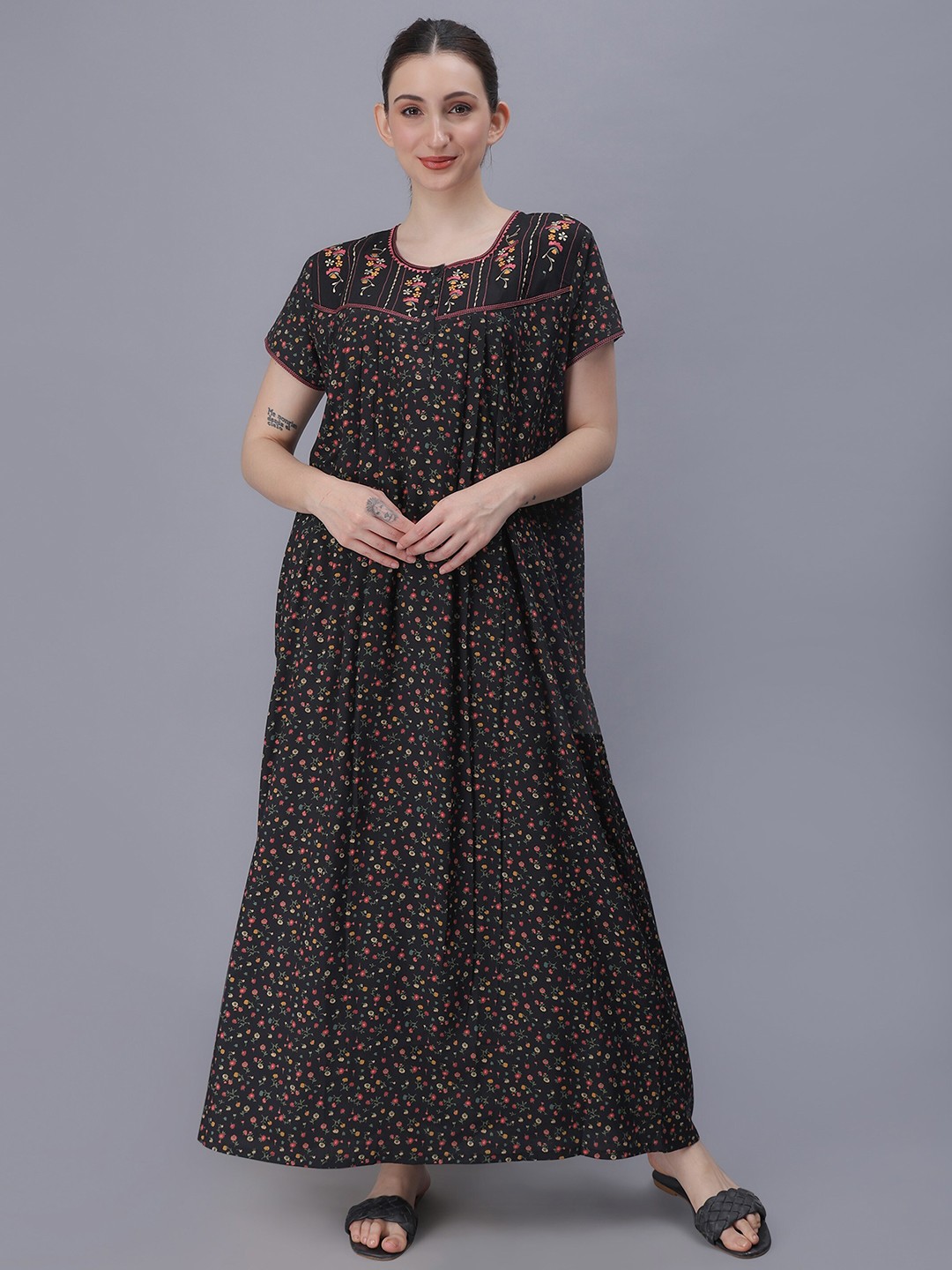 

NIGHTSPREE Floral Printed Organic Cotton Maxi Nightdress, Black