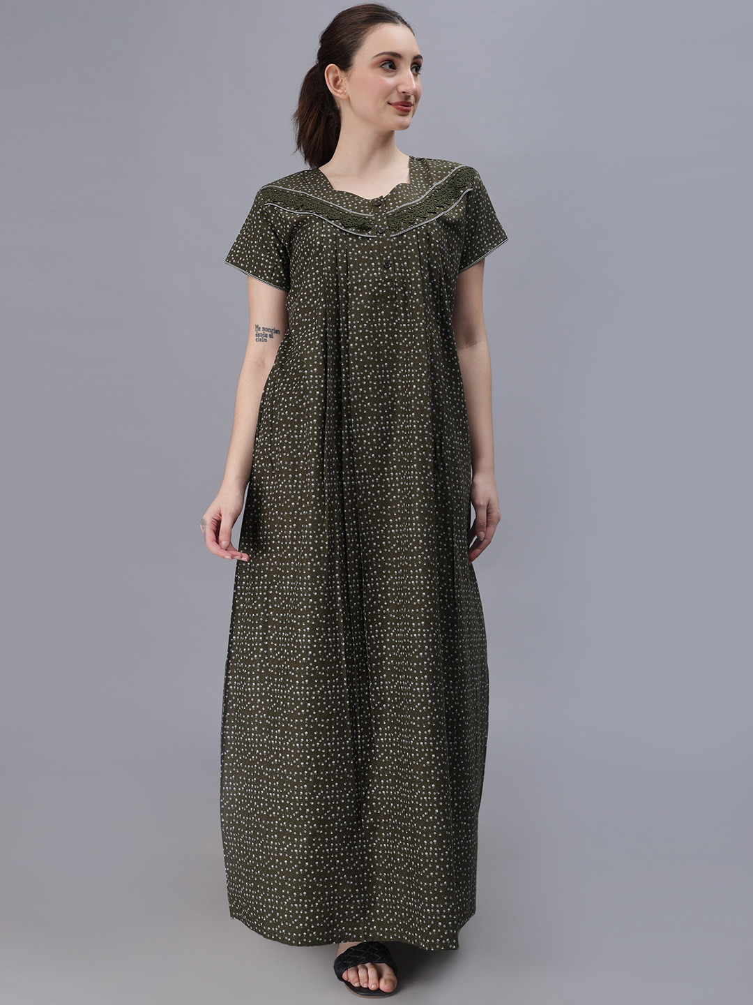 

NIGHTSPREE Floral Printed Sweetheart Neck Cotton Maxi Nightdress, Olive