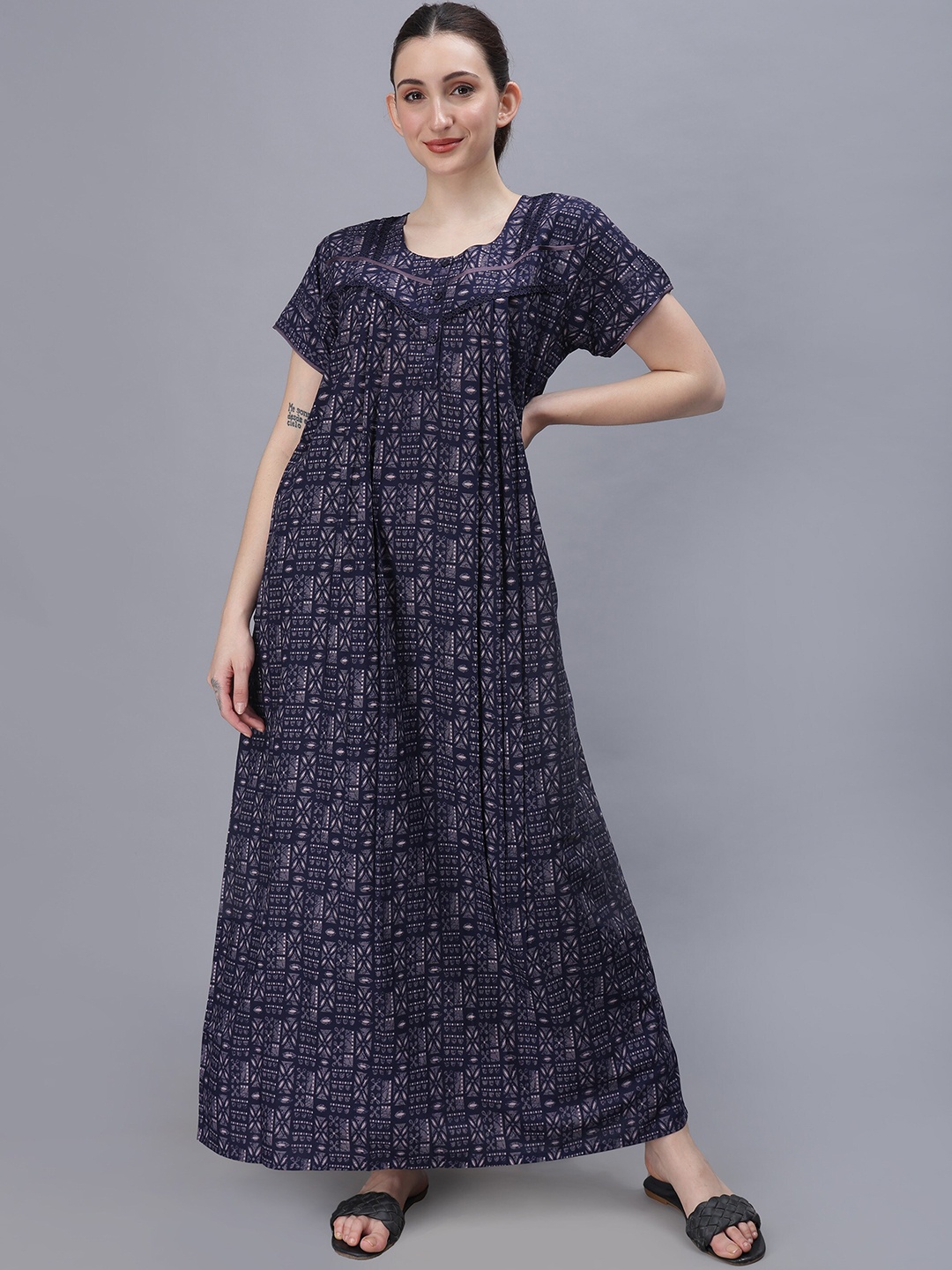 

NIGHTSPREE Floral Printed Cotton Maxi Nightdress, Navy blue