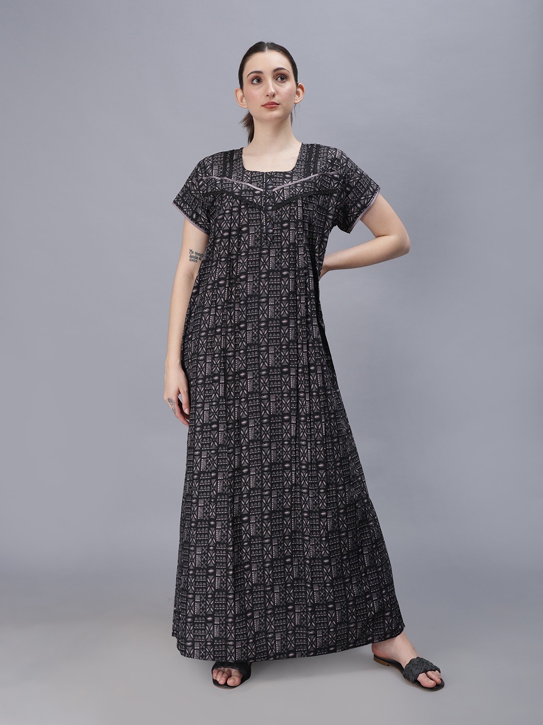 

NIGHTSPREE Geometric Printed Organic Cotton Maxi Nightdress, Black