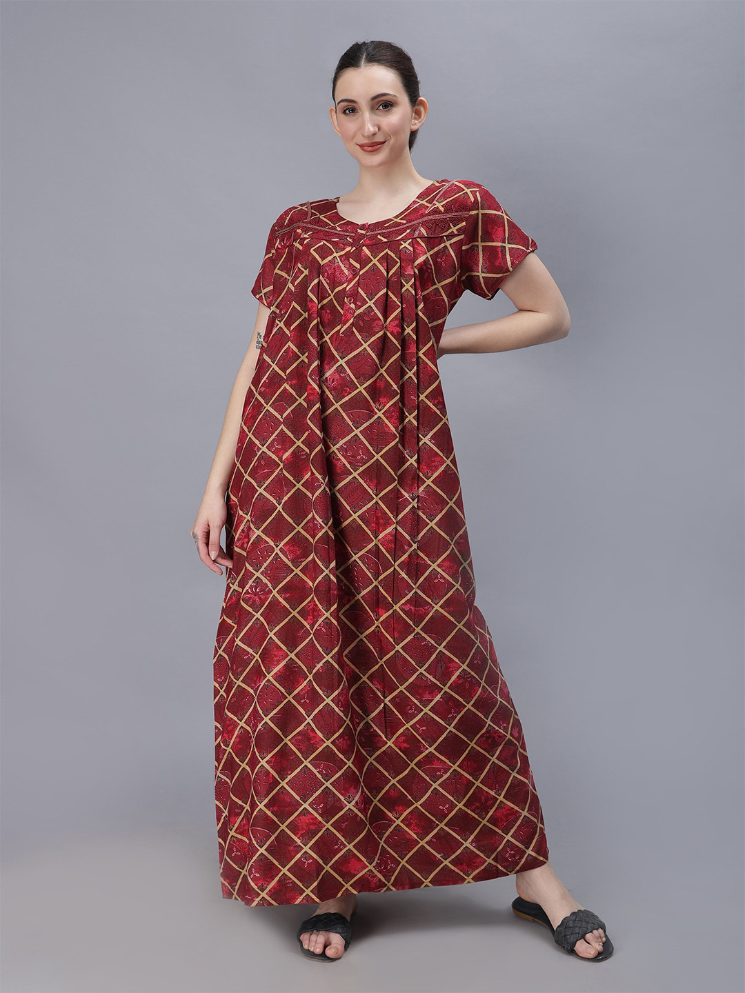 

NIGHTSPREE Geometric Printed Organic Cotton Maxi Nightdress, Red