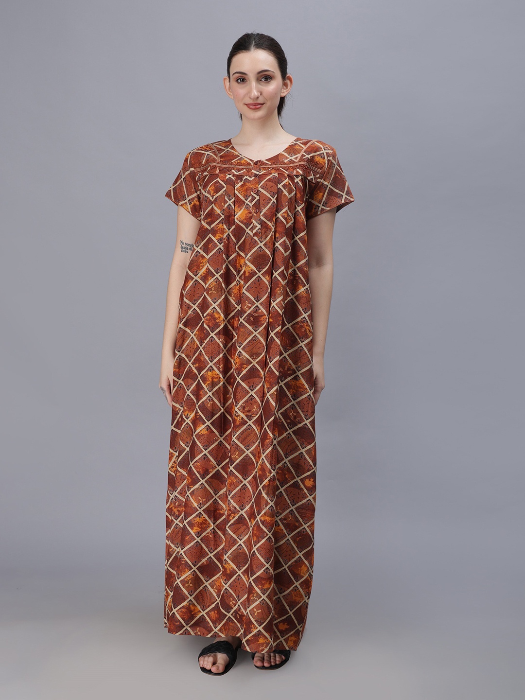 

NIGHTSPREE Geometric Printed Organic Cotton Maxi Nightdress, Brown