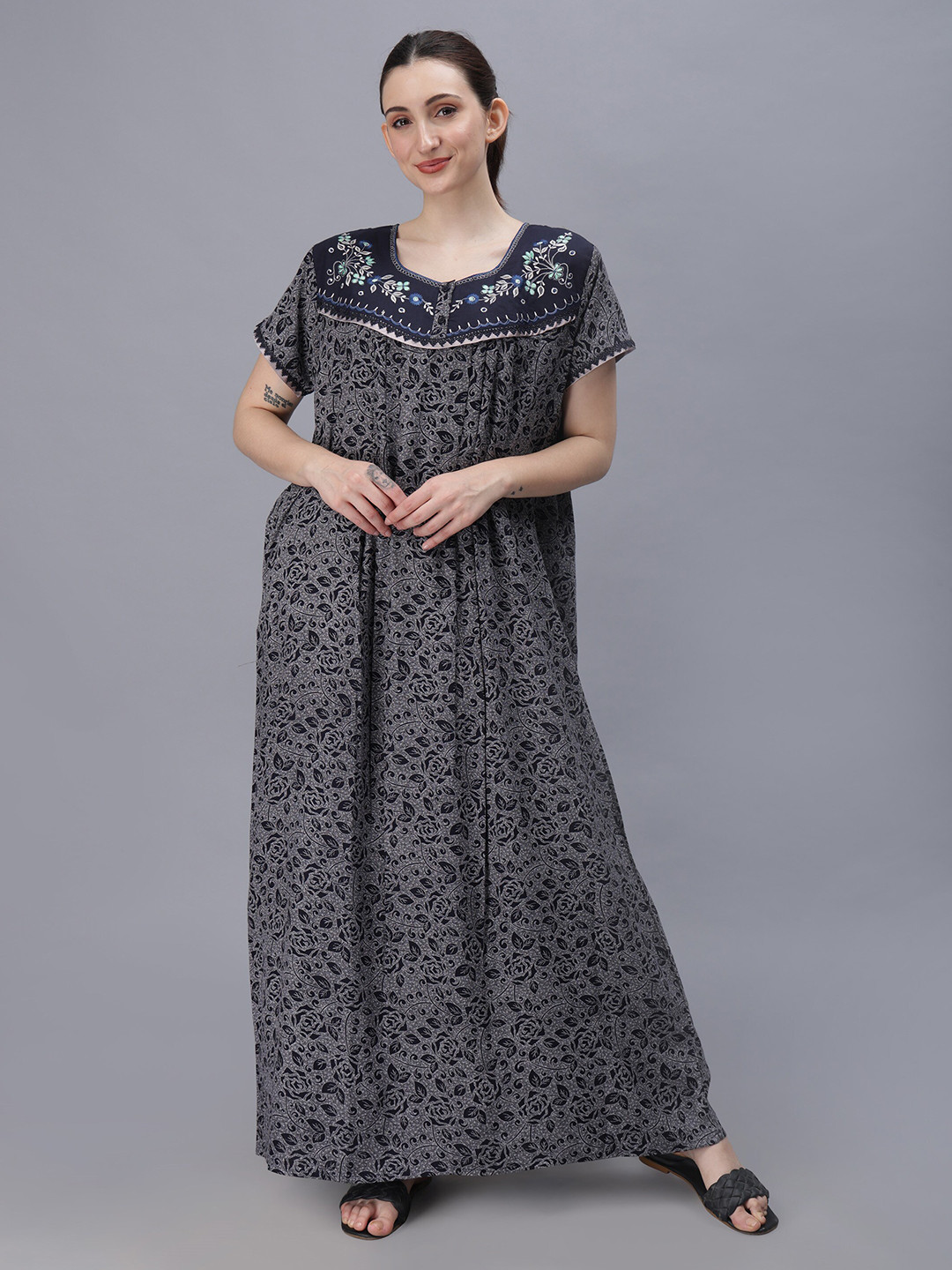 

NIGHTSPREE Floral Printed Embroidered Organic Cotton Maxi Nightdress, Grey