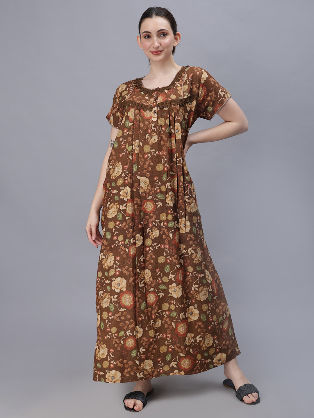 

NIGHTSPREE Floral Printed Organic Cotton Maxi Nightdress, Brown
