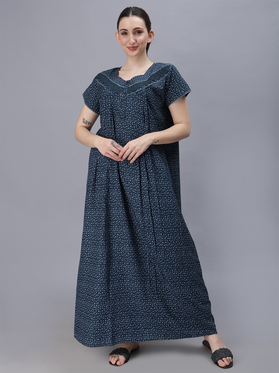 

NIGHTSPREE Floral Printed Sweetheart Neck Cotton Maxi Nightdress, Blue